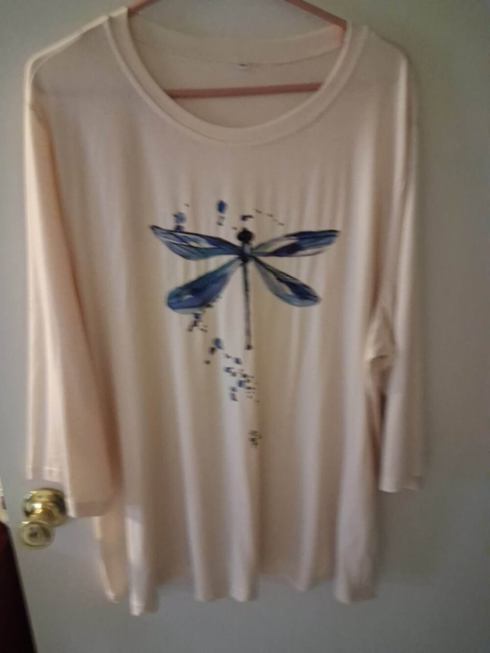 Woman's long sleeve cream top with blue dragonfly. 4X